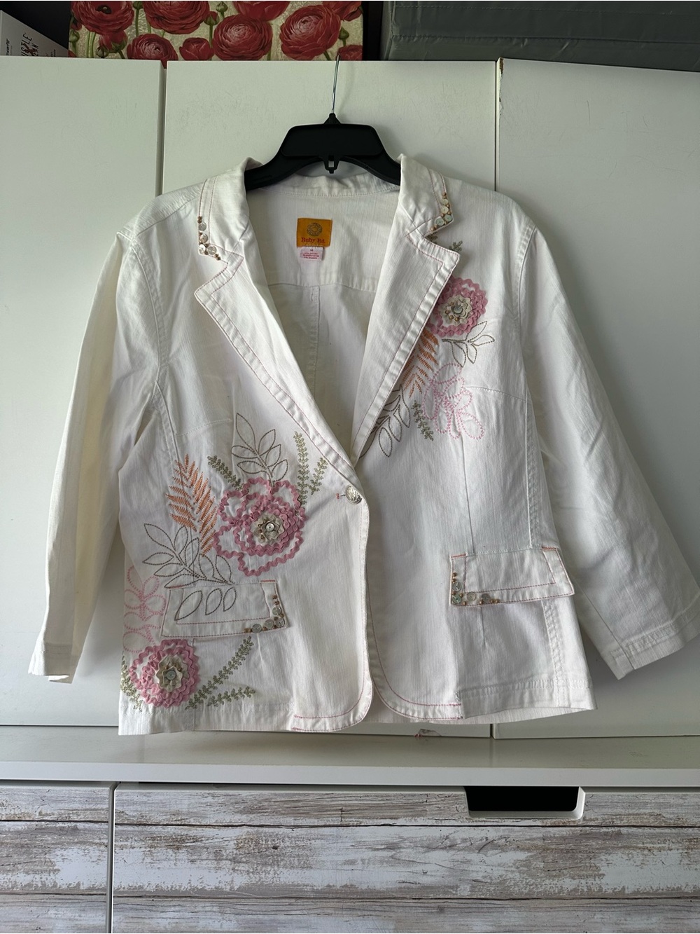 🤍 Ruby Rd White Embroidered Floral Beaded Denim Jacket Blazer Size 14